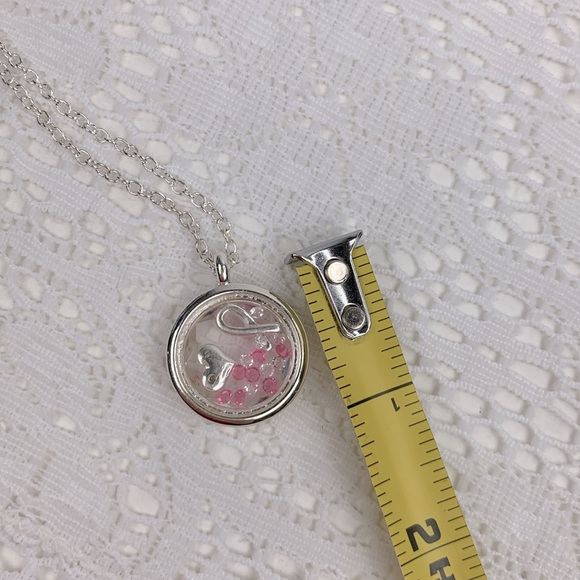Silver NRQ Necklace & Pendant Pink ribbon & heart gems Breast Cancer Round New - Picture 12 of 13